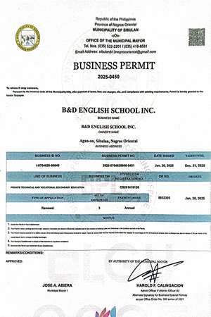 Business permit for B&D English School — authorized to operate as an educational facility.
