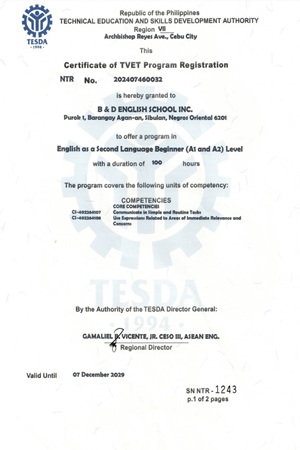 TESDA certificate for B&D English School — officially accredited Philippine educational institution.