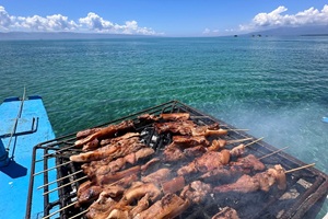 ホワイトサンドバーの海上で船上バーベキュー。ドゥマゲテ（ドゥマゲッティ）観光の最高の贅沢